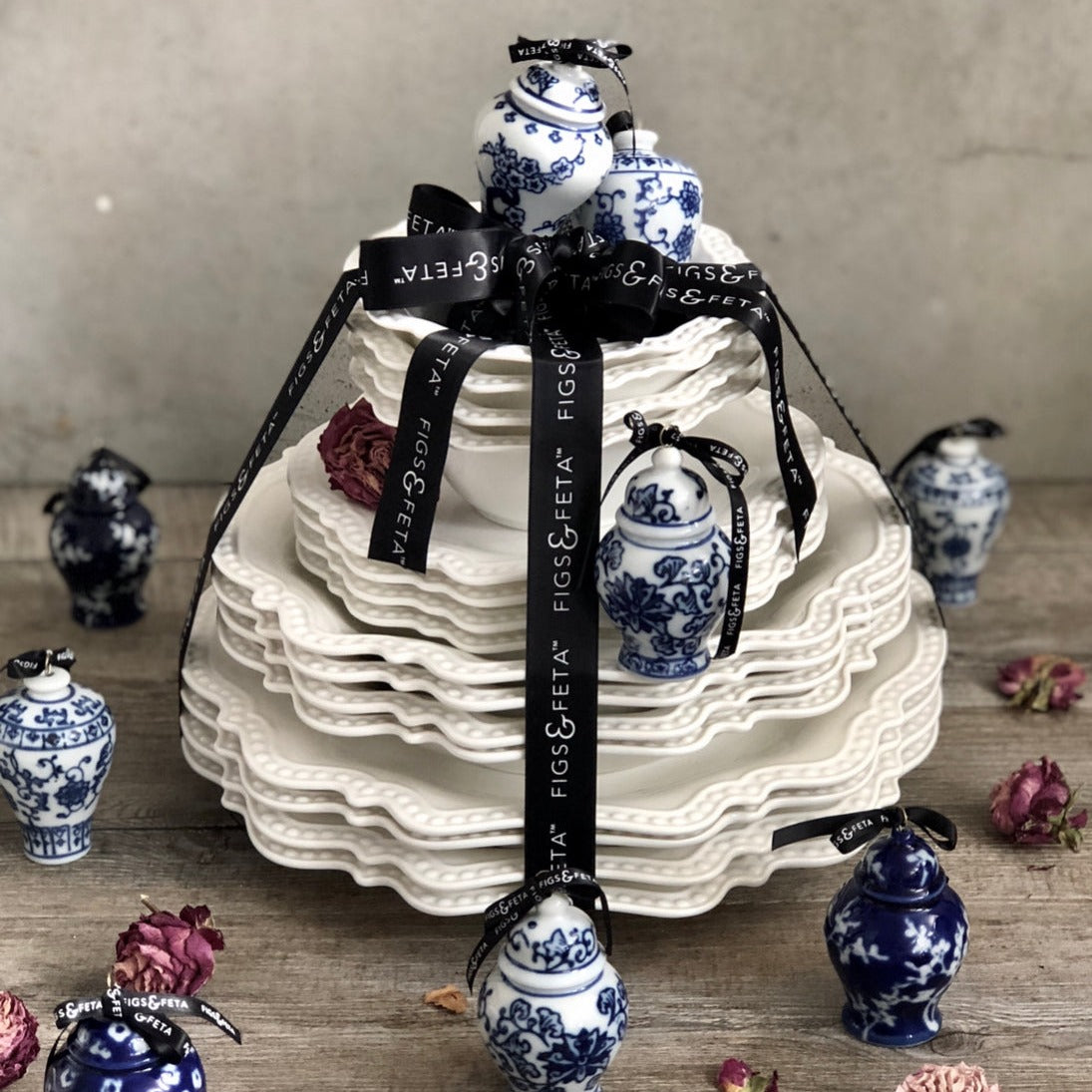 Set of 6 Blue and White Mini Ceramic Ginger Jar Ornaments