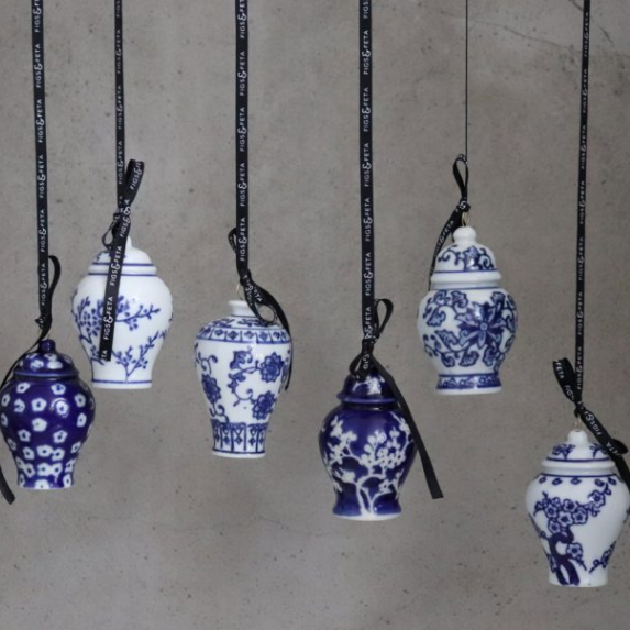 Set of 6 Blue and White Mini Ceramic Ginger Jar Ornaments